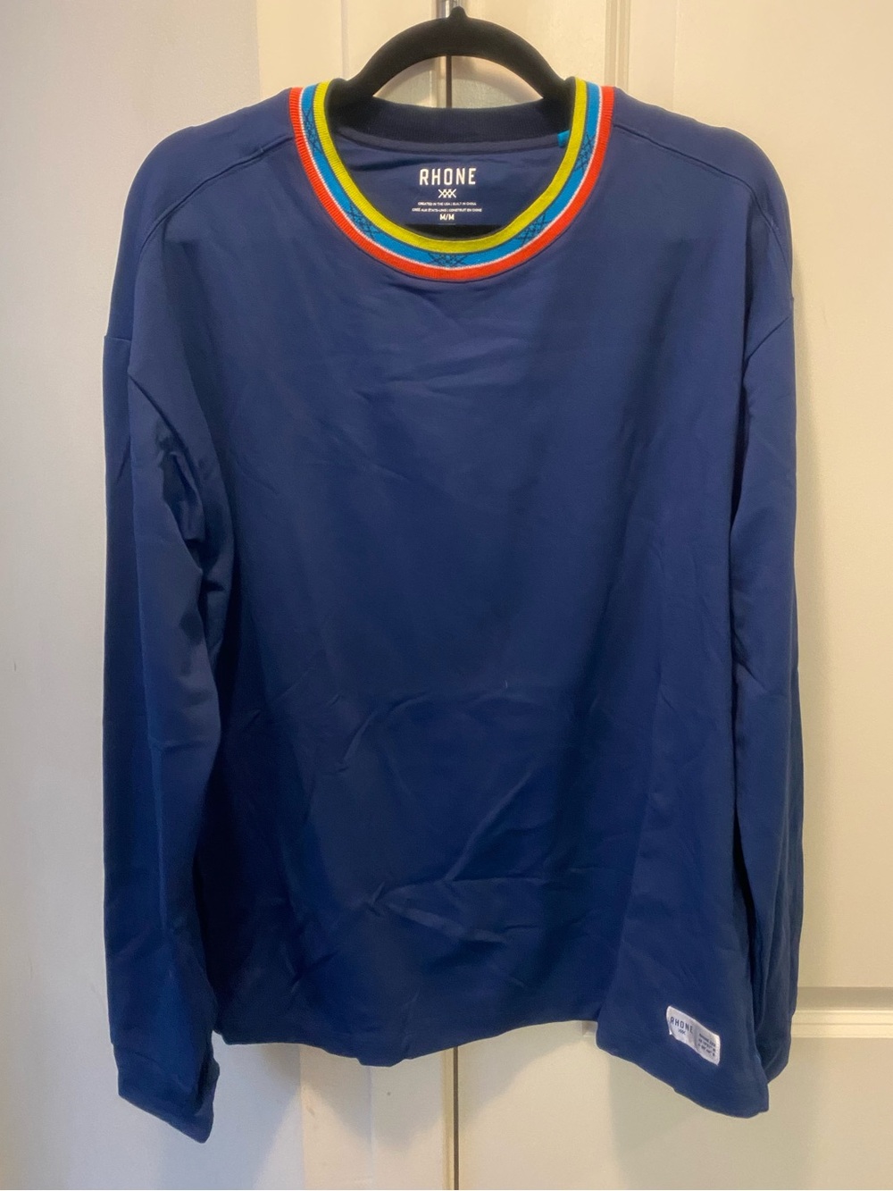 RHONE Navy Crewneck Sweatshirt with Rainbow Trim